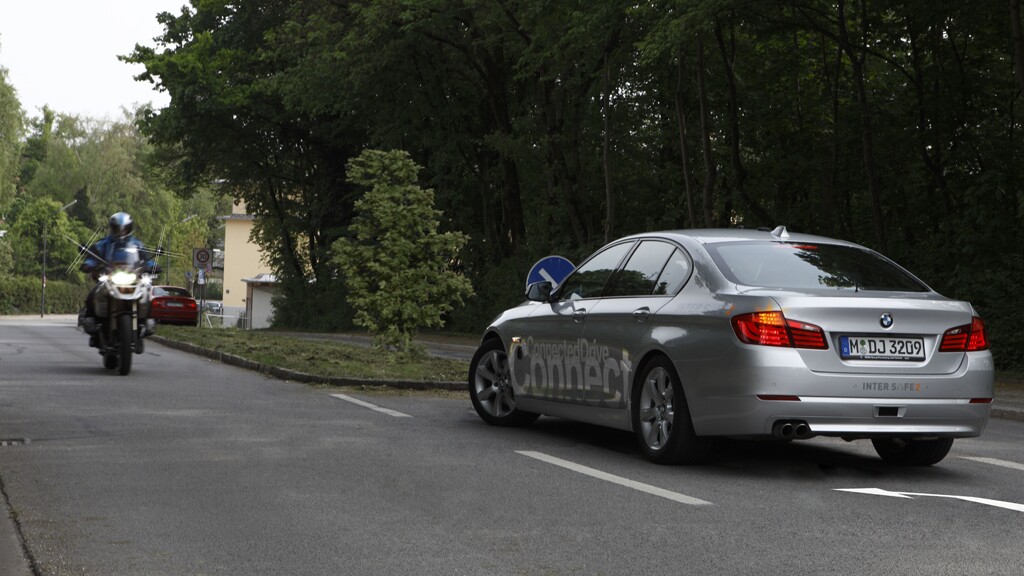 The left turn assistant is being tested on the BMW 5 Series test vehicle