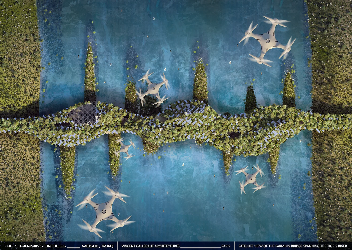 "To feed these 3D spider printers, drones will continuously bring them construction materials coming from the districts in ruins; previously crushed and transformed in recycling centers," Vincent Callebaut Architectures adds