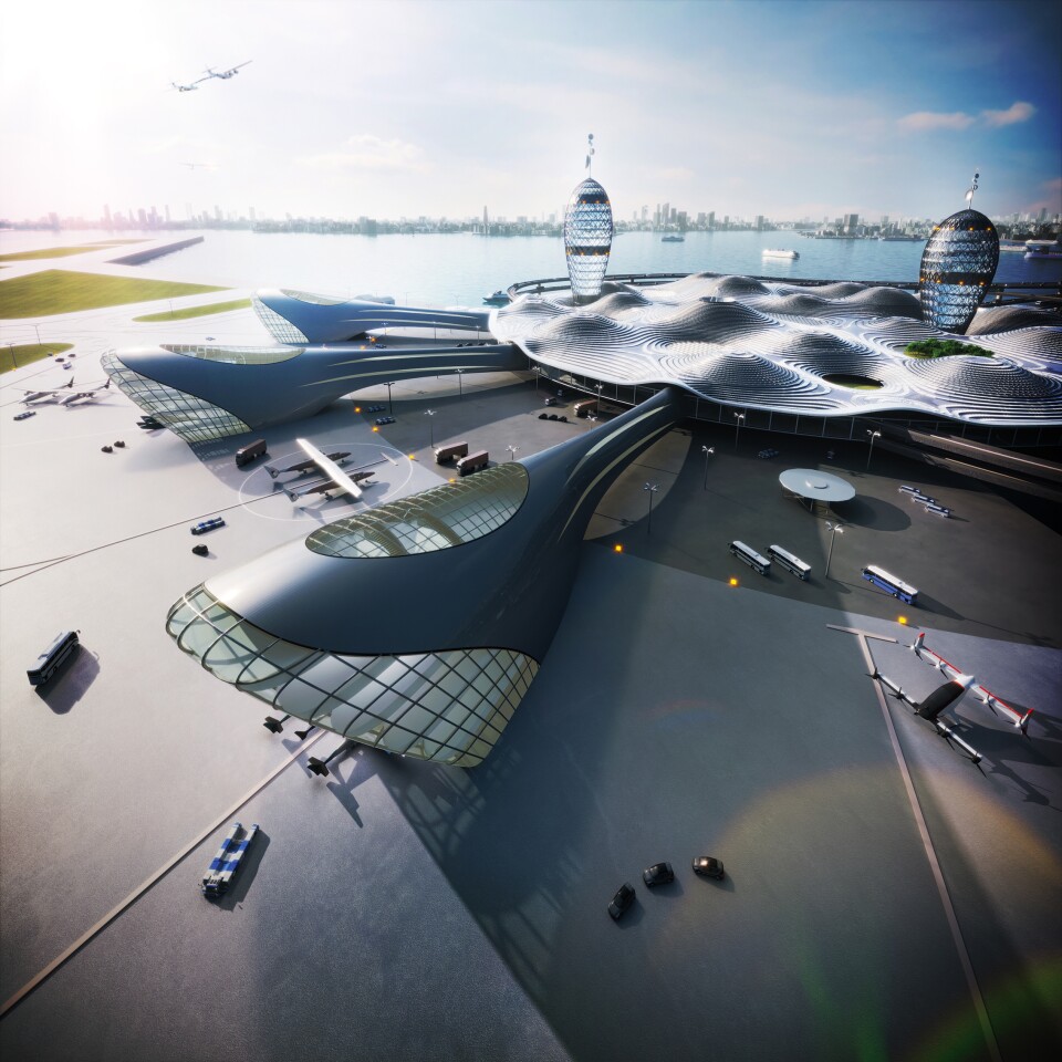 A multi-level plaza with large terminals for the unique launch aircraft