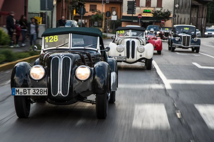 100 years of BMW: A gaggle of 328s on the roads at the modern re-running of the Mille Miglia