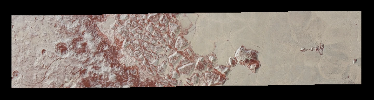 The highest resolution shot of Pluto's surface returned by New Horizons to date, spanning 330 miles (530 km)