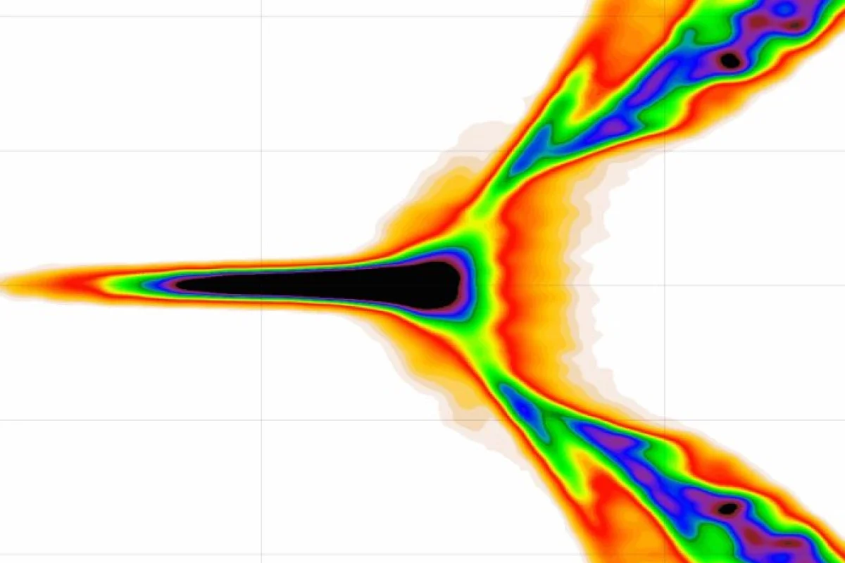 A simulation of antimatter particles being concentrated and accelerated into a positron beam