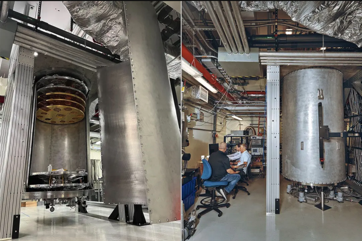 Left: Interior of the Goldeneye "super-fridge". Right: The IBM team with the instrument's outer shell closed