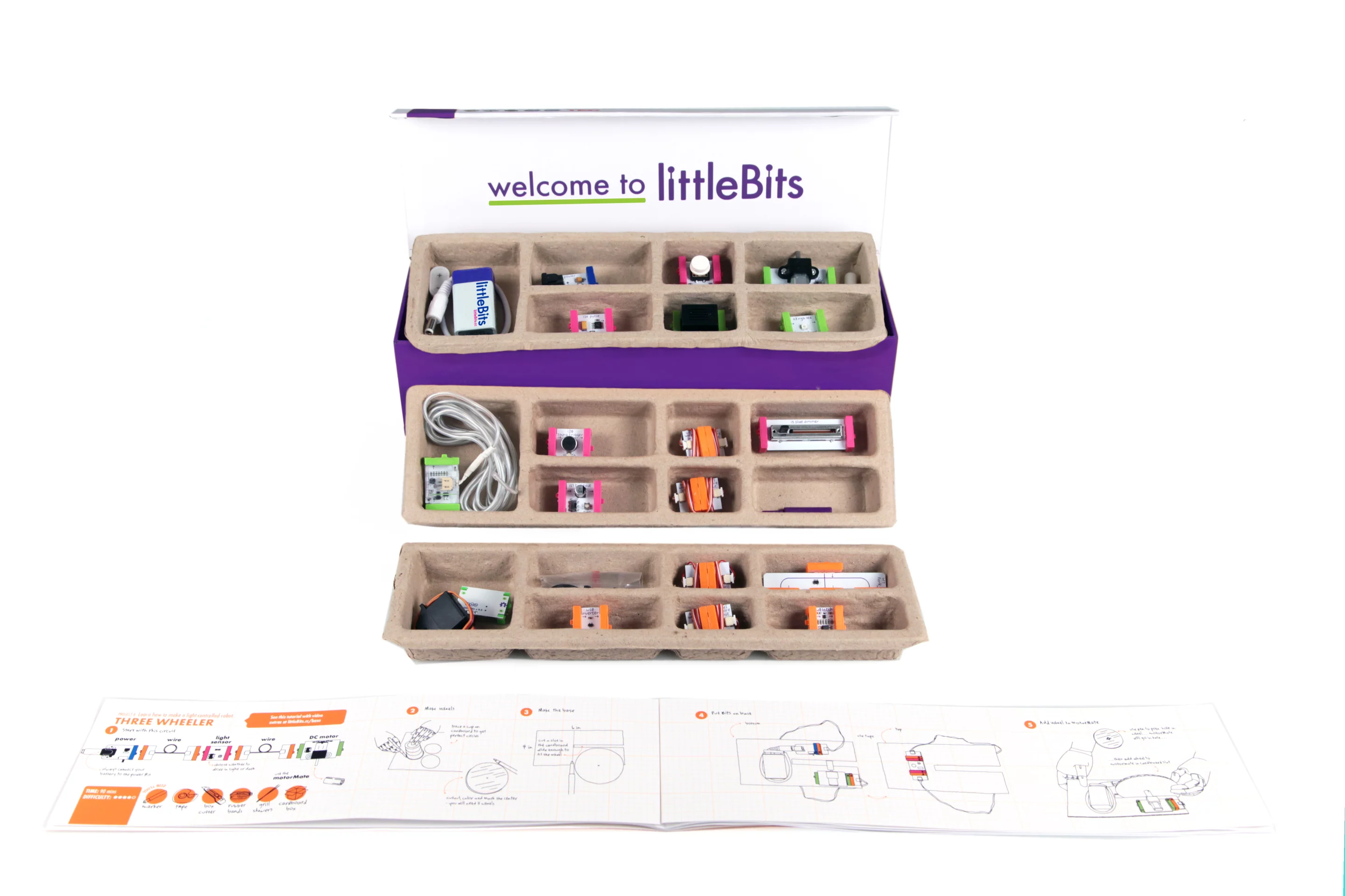The Deluxe Kit ($199) contains an assortment of 18 modules, one 9V battery, and a handy project booklet with step-by-step instructions for 15 projects (Photo: littleBits)