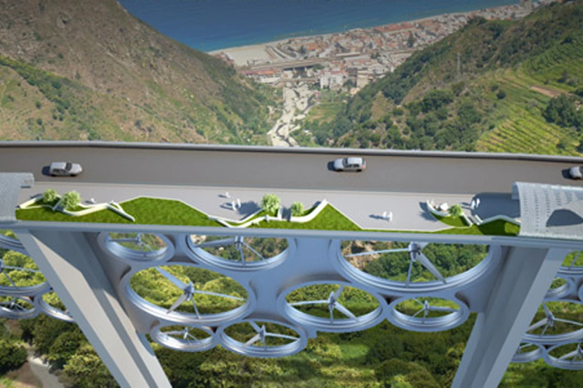 The Solar Wind bridge concept combines solar cells and wind turbines to generate power for around 115,000 homes