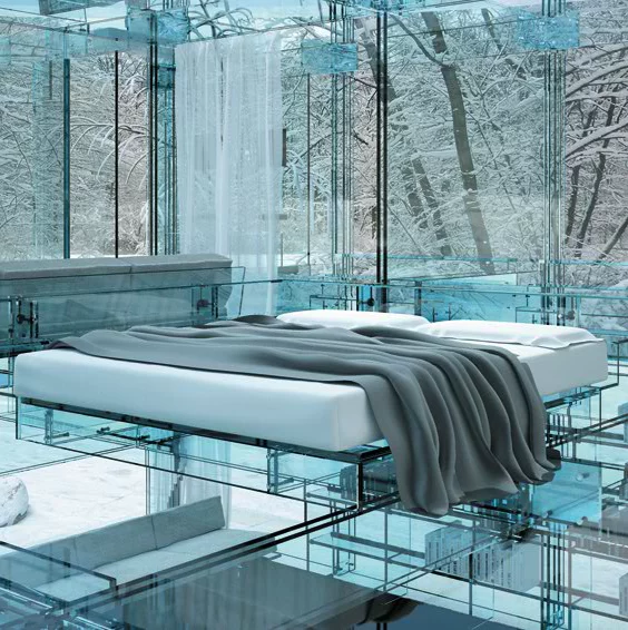 The bedroom of Carlo Santambrogio's glass house