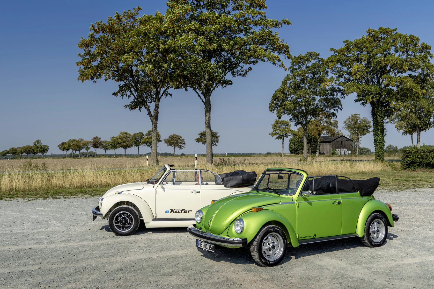 The e-Beetle (white) shown here with a contemporary with its factory gasoline engine