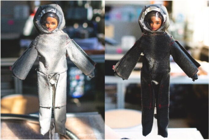 A sample of black material covered in gray dust before (left) and after treatment with liquid nitrogen in vacuum.