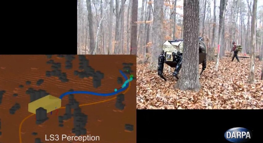 The LS3 quadruped's sensors give it a detailed real-time view of its surroundings, allowing it to navigate densely packed foliage
