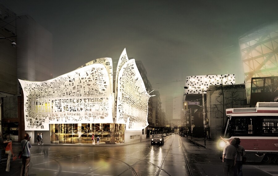 The façade is made out of aluminum panels and is mounted on a metal subframe held in place by structural steel outriggers