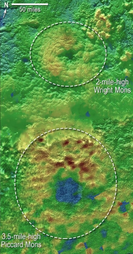3D topographical map of Pluto's suspected cryovolcanoes – blue indicates recessed terrain, with brown representing higher elevation, and green representing intermediate heights