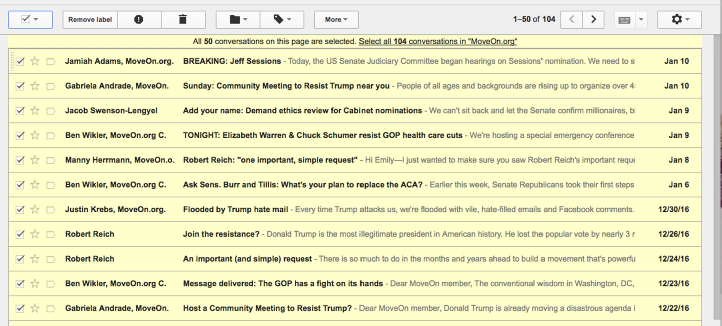 If there are more messages than fit on one page, choose the "Select all X conversations" link