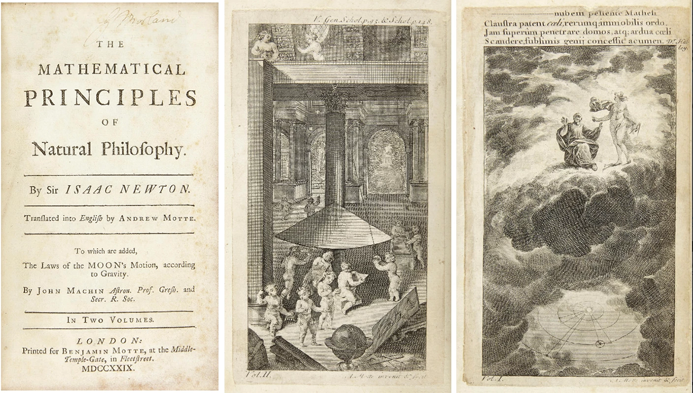 The above offering is a first edition of Sir Isaac Newton's landmark Philosophiae naturalis Principia Mathematica printed in English in 1729. Principia was the culmination of the scientific revolution, effectively ushering in the era of modern science and modern physics with its mathematical explanations for gravity and motion. Albert Einstein best summed it up with the words, "perhaps the greatest intellectual stride that it has ever been granted to any man to make."
