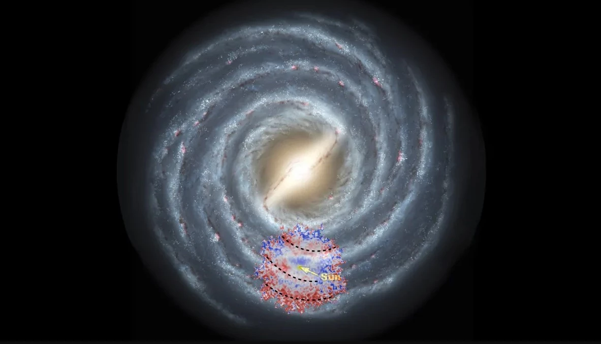 NASA map of the Galaxy with chemical map superimposed - Red spots indicate objects with high metallicity and .corresponds to the presence of young stars, which are more abundant in spiral arms. Blue indicates low metallicity.