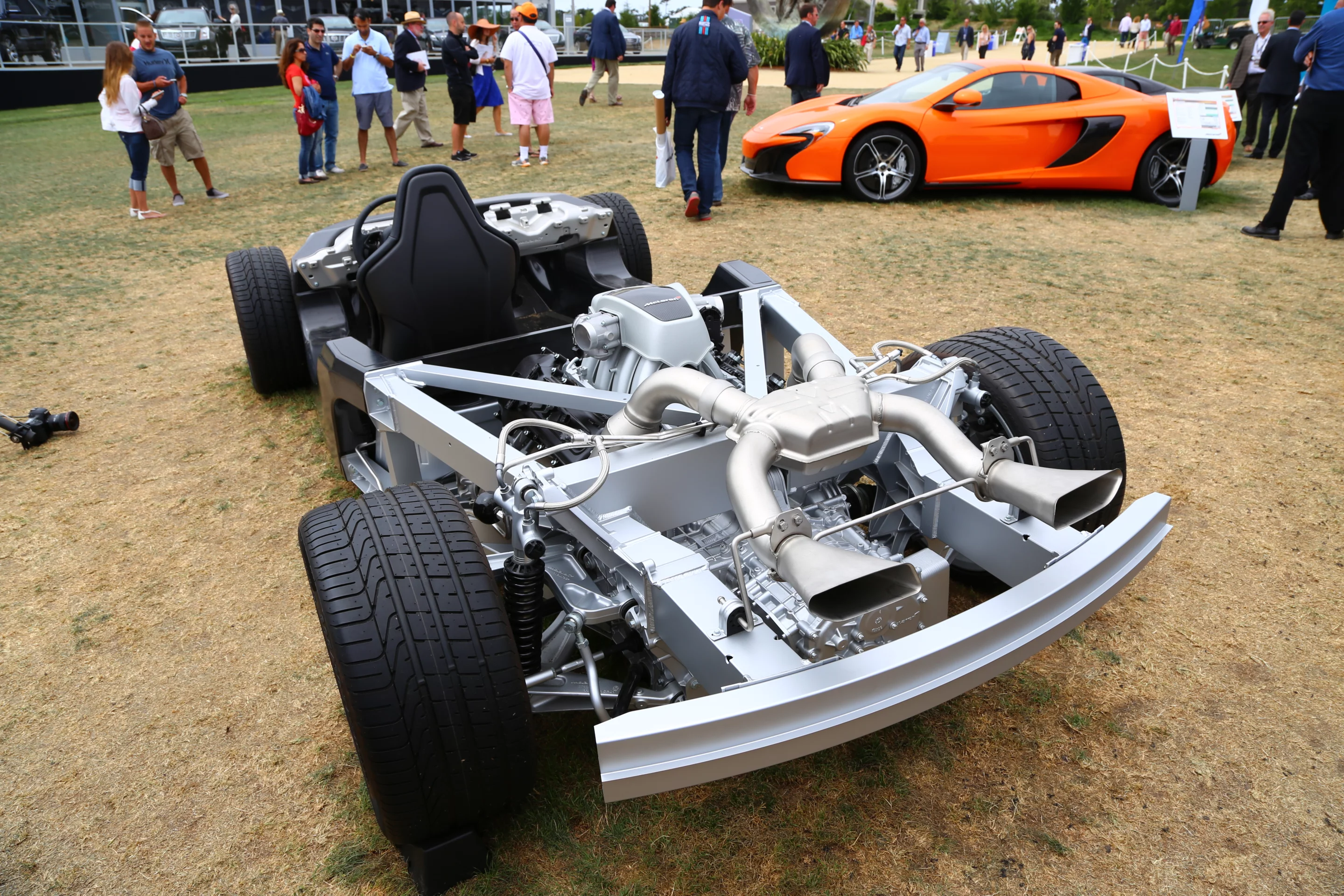 A naked McLaren frame gives guests a look at how the carbon fiber monocoque works with (Photo: Angus MacKenzie/Gizmag.com)