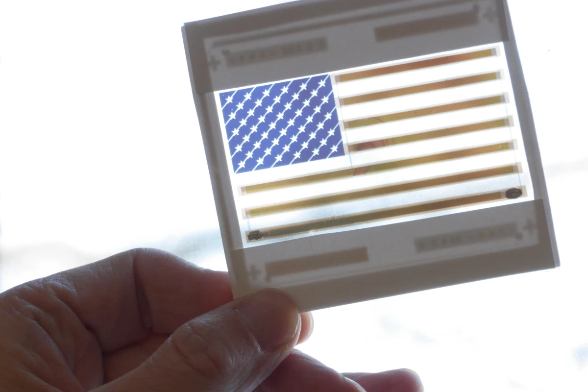 This colorful American flag is in reality a functional and transparent solar cell (Photo: Joseph Xu, Michigan Engineering Communications & Marketing)