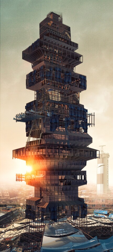 The Shanty-Scraper makes use of post-construction debris, such as pipes, corrugated metal sheets and timber