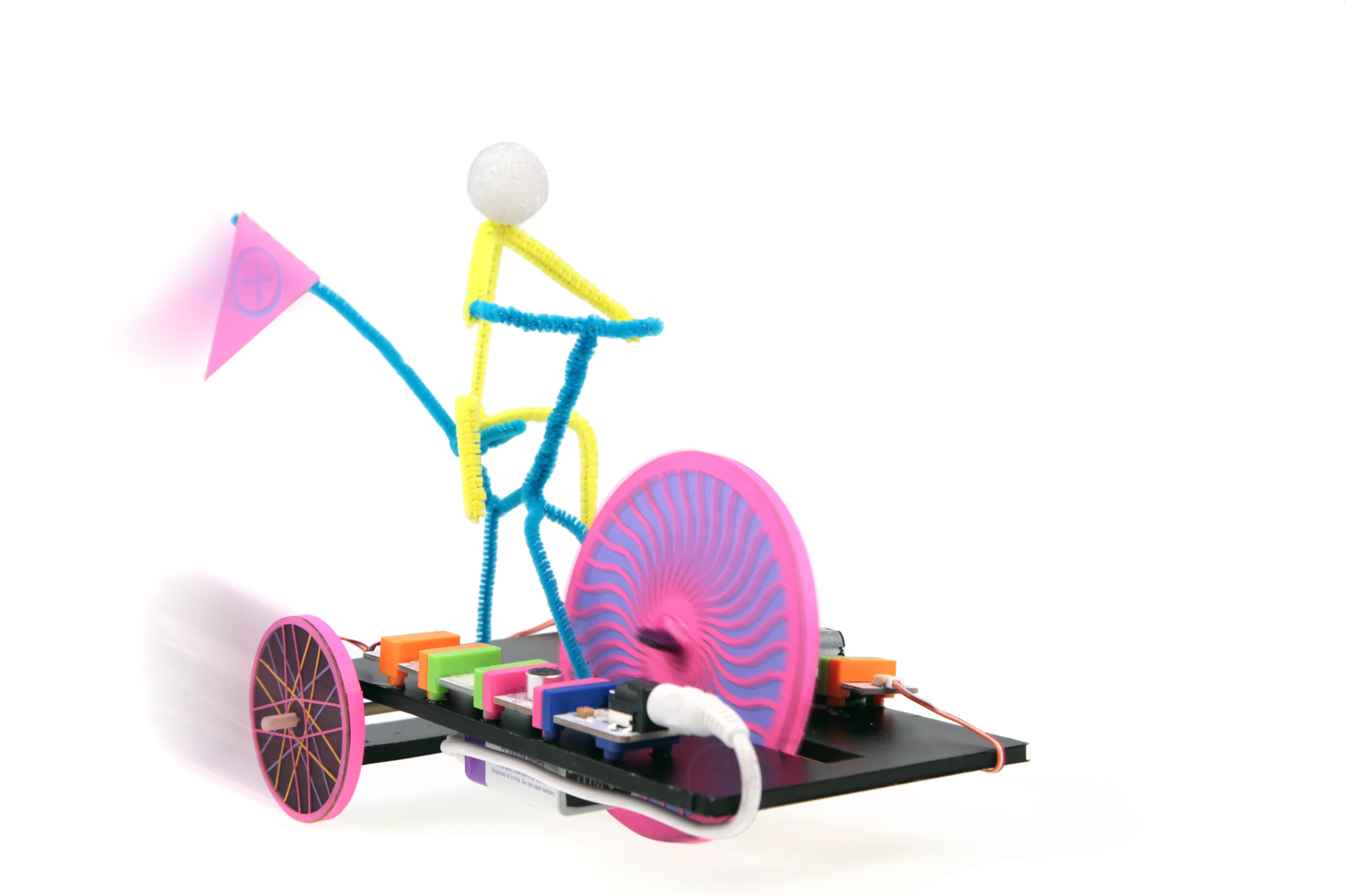 The Honking Tricycle has eight Bits modules: buzzer module, dc motor module, inverter module, power module, pulse module, RGB LED module, sound trigger module and wire module (Photo: littleBits)