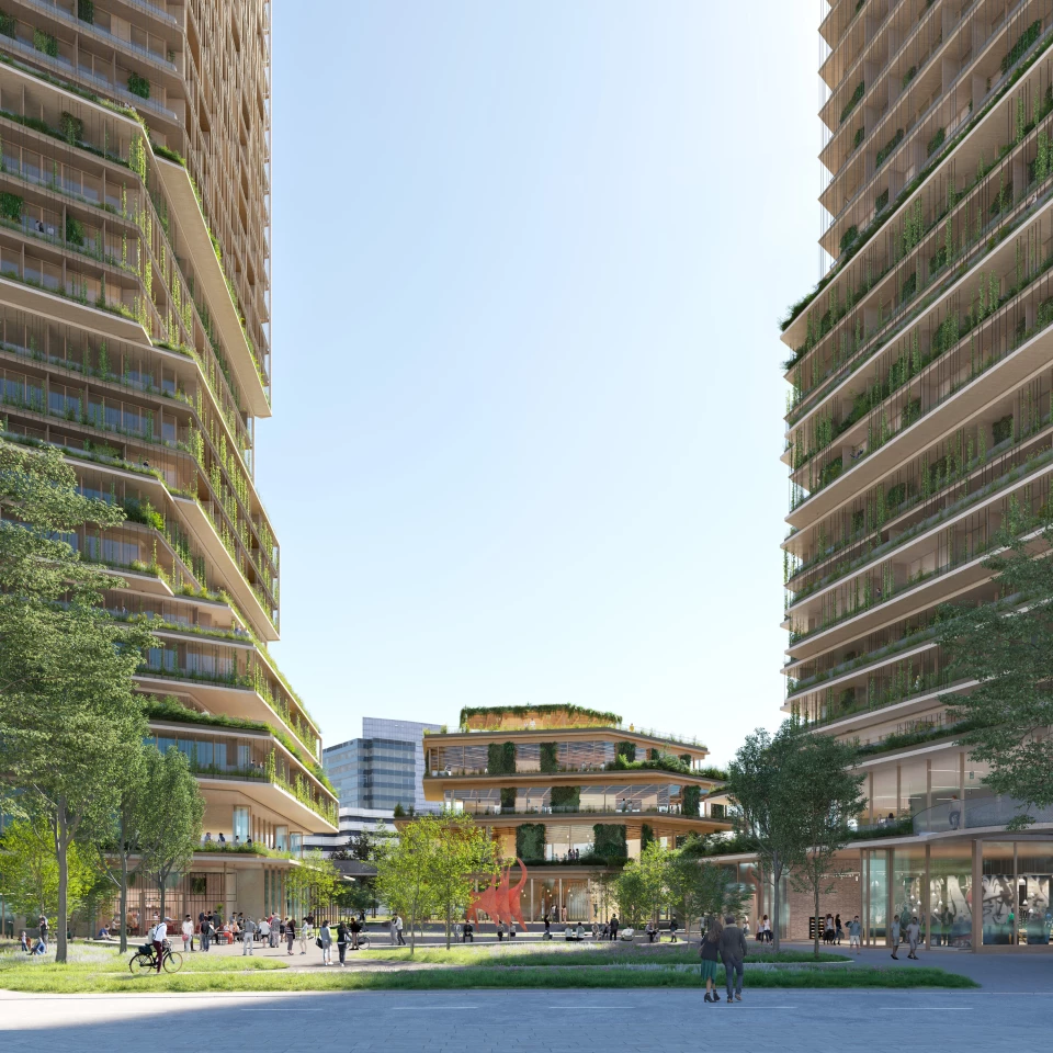 New Heart's two towers will be arranged around a pavilion building that will host community space and will be partly built from timber