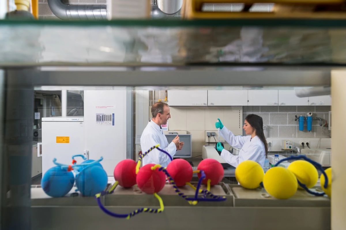 TUM researchers Oliver Lieleg (left) and Ceren Kimna (right), with craft models of their drug particles in the foreground