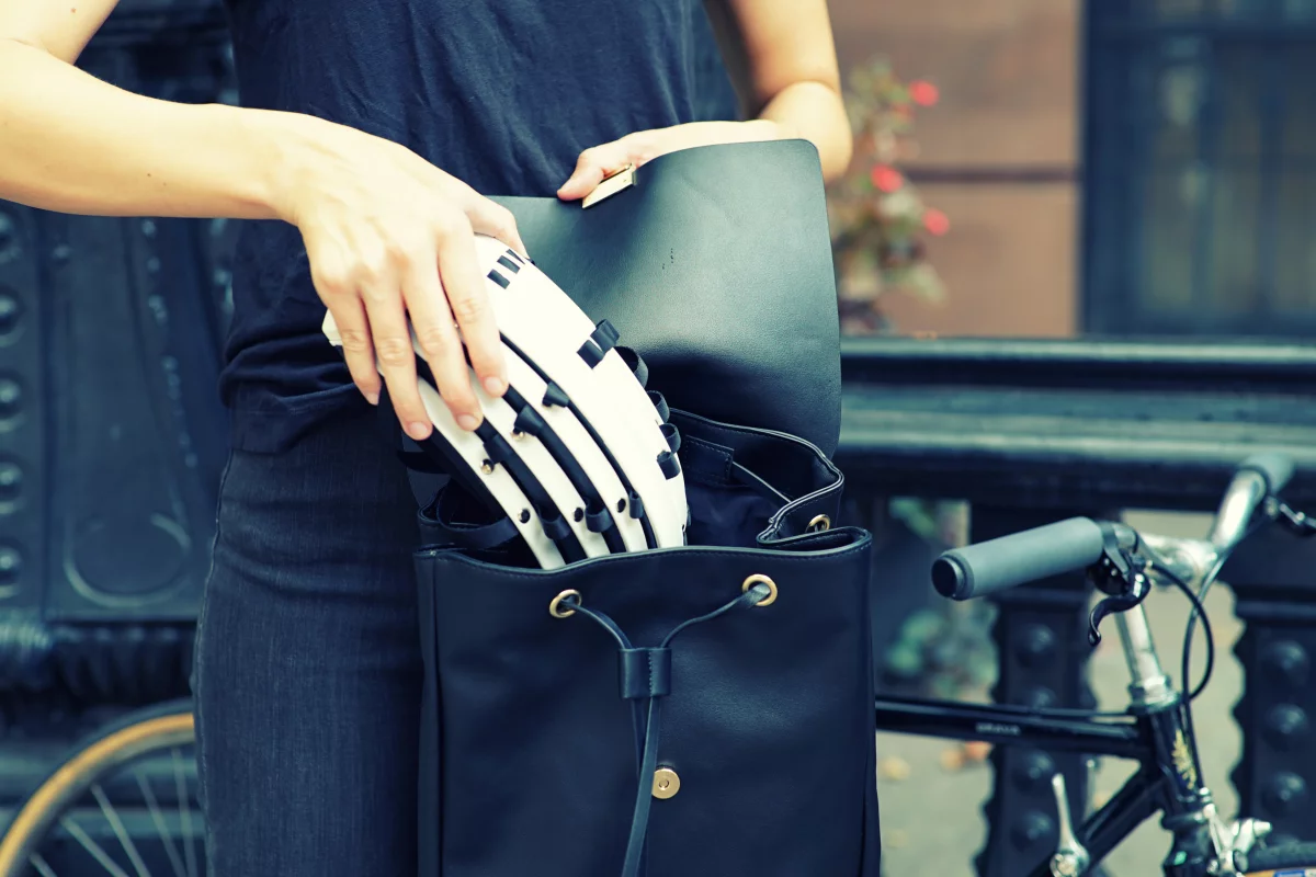 The Fend helmet folds down to one third its open size when not needed