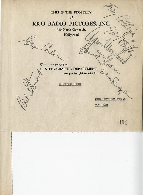 A revised shooting script for Citizen Kane complete with hand drawn scribbles was sold for $44,800
