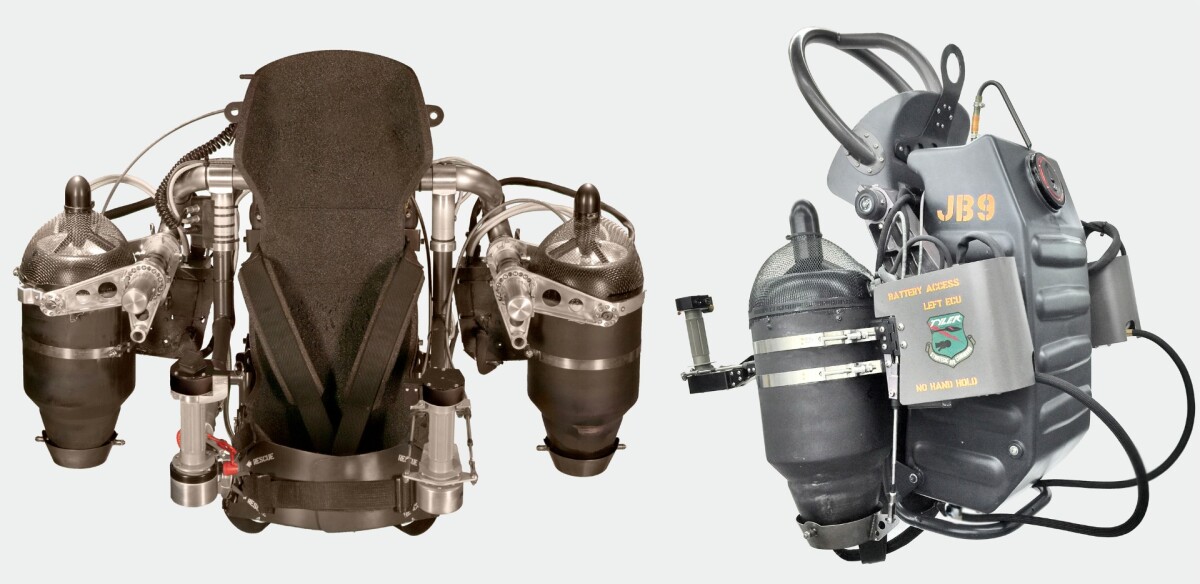 The JB-9 jetpack with its gimballed thrust jets and twistgrip/lever controls