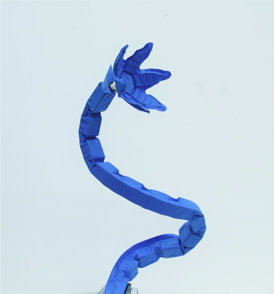 A single vacuum source drives this snake-like soft robot with gripper