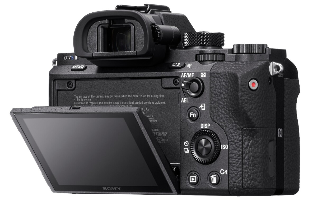 The rear 3-inch LCD screen on the Sony A7S II can be angled up 107-degrees, or down 41-degrees