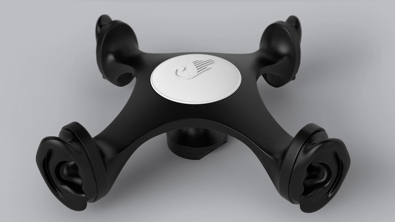 The soundhead, featuring two pairs of 'ears' at 90 degree angles, was custom made and printed in 3D