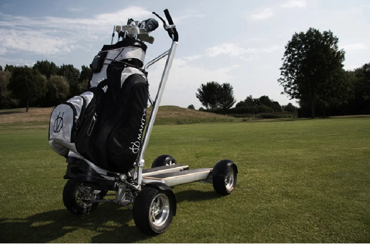The Mantys electric golf vehicle from Leev has a top speed of 11mph, can travel 36 holes between charges and has a unique steering method