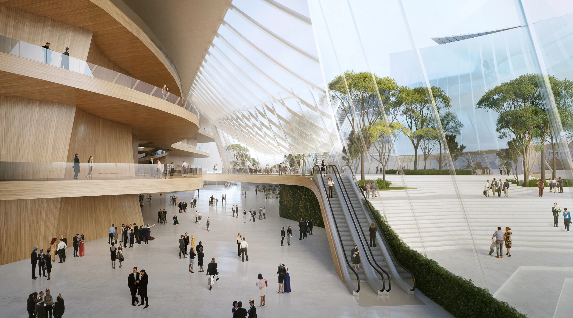The Yiwu Grand Theater's glazed facade, which brings to mind the Xinhee Design Center, will be semi-transparent