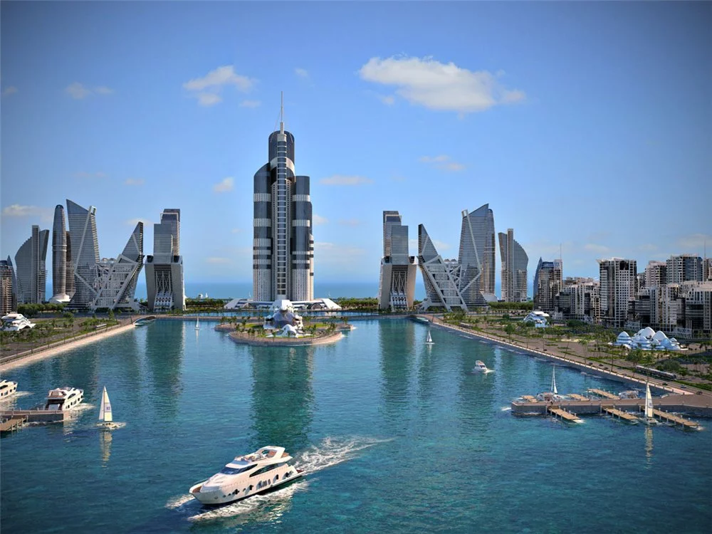 The Azerbaijan Tower would be 3,445 ft (1,050 m) high and form the centerpiece of the Khazar Islands development (Image: Architizer)
