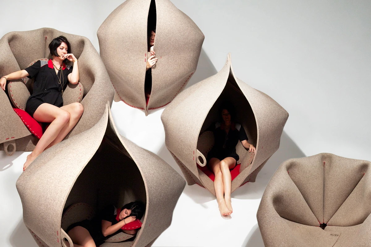 Designed to address our need to sometimes be alone in an increasingly interconnected world, HUSH by UK-based designer Freyja Sewell is a "womb-shaped" pod fashioned from 100-percent woollen felt designed for quiet moments of contemplation or rest