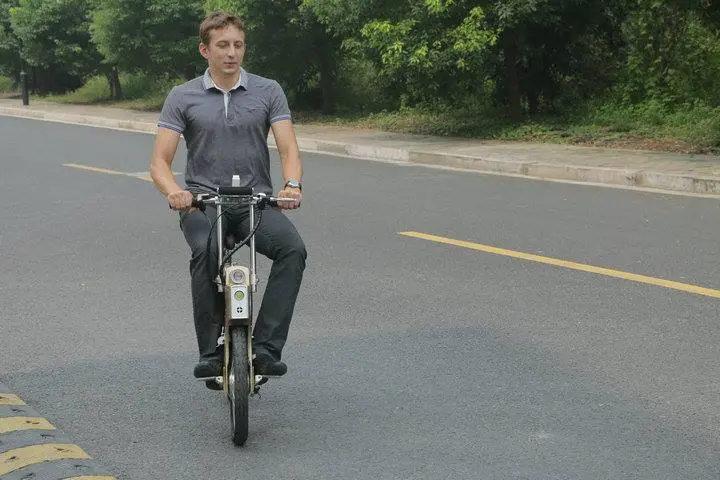The vehicle is propelled entirely by a 180 W brushless hub motor and a 36 V lithium battery