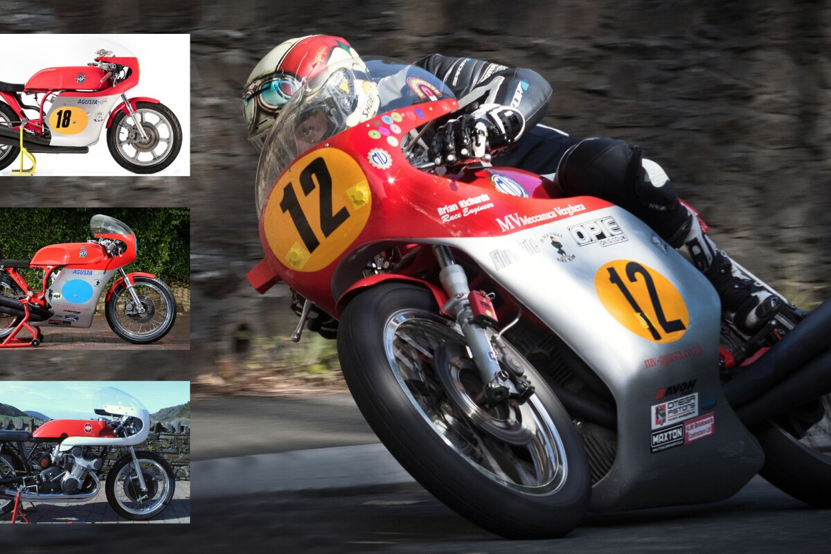 Main picture: Dean Harrison on the MV Meccanica Vergerha 1972 three-cylinder MV Agusta 500cc at the Railway (I.O.M.) by Peter Faragher. Insets from top: MV Meccanica Vergerha 1974 four-cylinder MV Agusta 500cc, MV Meccanica Vergerha 1968/69 three-cylinder MV Agusta 350cc, MV Meccanica Vergerha 1957 four-cylinder Gilera 500cc. In case you're wondering why only four pics, there are two 350/3s for sale