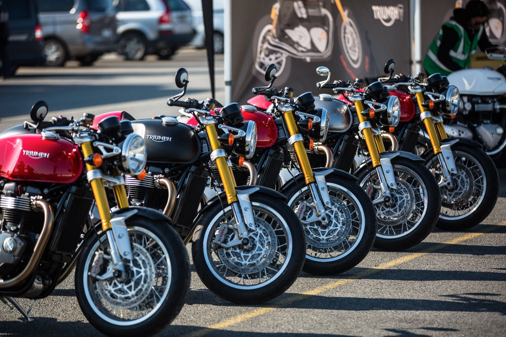 Triumph Thruxton R: bikes lined up for the Australian press launch at Murray Valley Training Centre