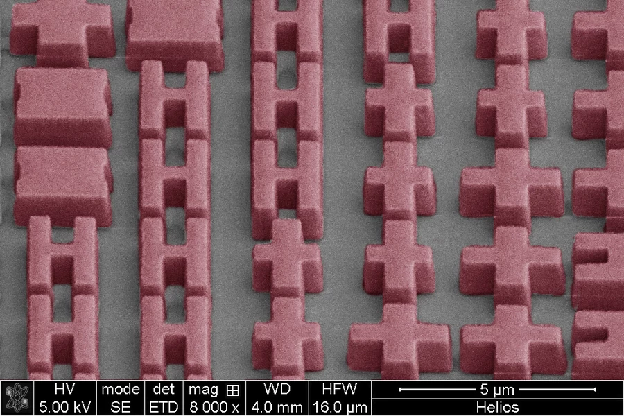 A magnified image of the metalens, showing its microscopic features