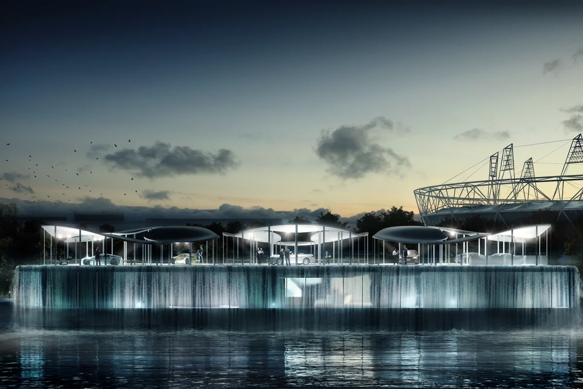 The defining feature of the BMW Olympic Pavilion is its waterfall plinth