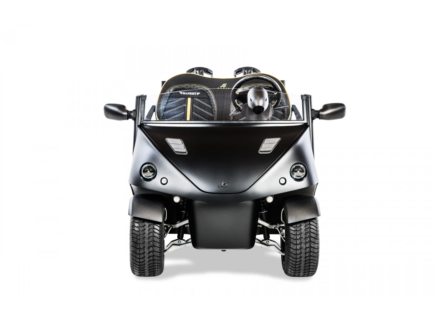 Excluding wing mirrors, the Garia Mansory Currus measures 92 x 48 x 47.5 inches (roughly 23.3 x 12 x 12 cm)