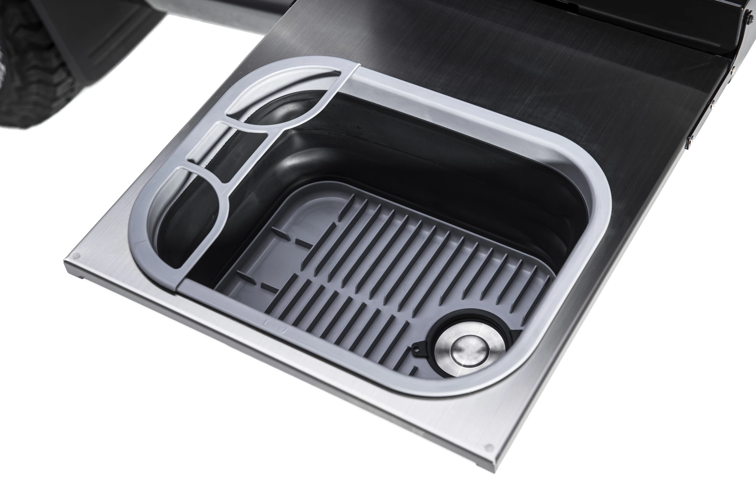 The collapsible sink doubles as a dish drain