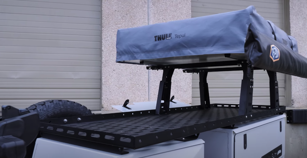 The cargo tray runs the full length of the trailer top and has plenty of lash points for easily attaching things