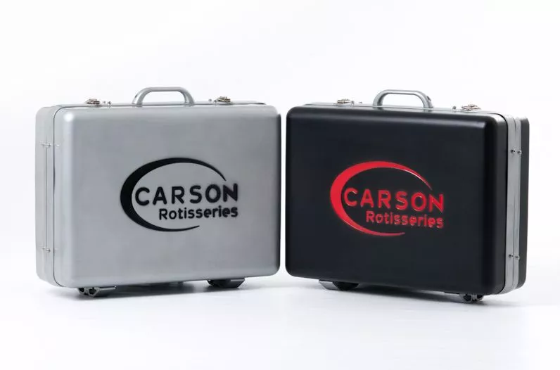 The Carson Portable Rotisserie Grill, in its packed-up form