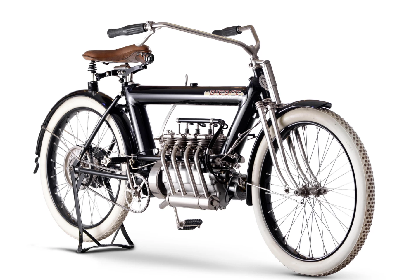 One of motorcycle collecting's 'holy grail's, the Pierce was America's first four-cylinder motorcycle, manufactured by the upmarket Pierce-Arrow Motor Car Company in Buffalo, New York. Some recent examples of this rare 1910 Pierce 688cc Four at auction include an original but completely unrestored 1909 Pierce Four which sold for US$161,000 at a Bonhams auction in San Francisco in November, 2007, a restored 1909 Pierce Four which sold for $115,500 in Las Vegas at the E.J. Cole Collection auction in March this year, and another restored 1911 Pierce Four which sold for GBP£54,300 (US$89,638) at the Stafford Spring auction in April, 2011.