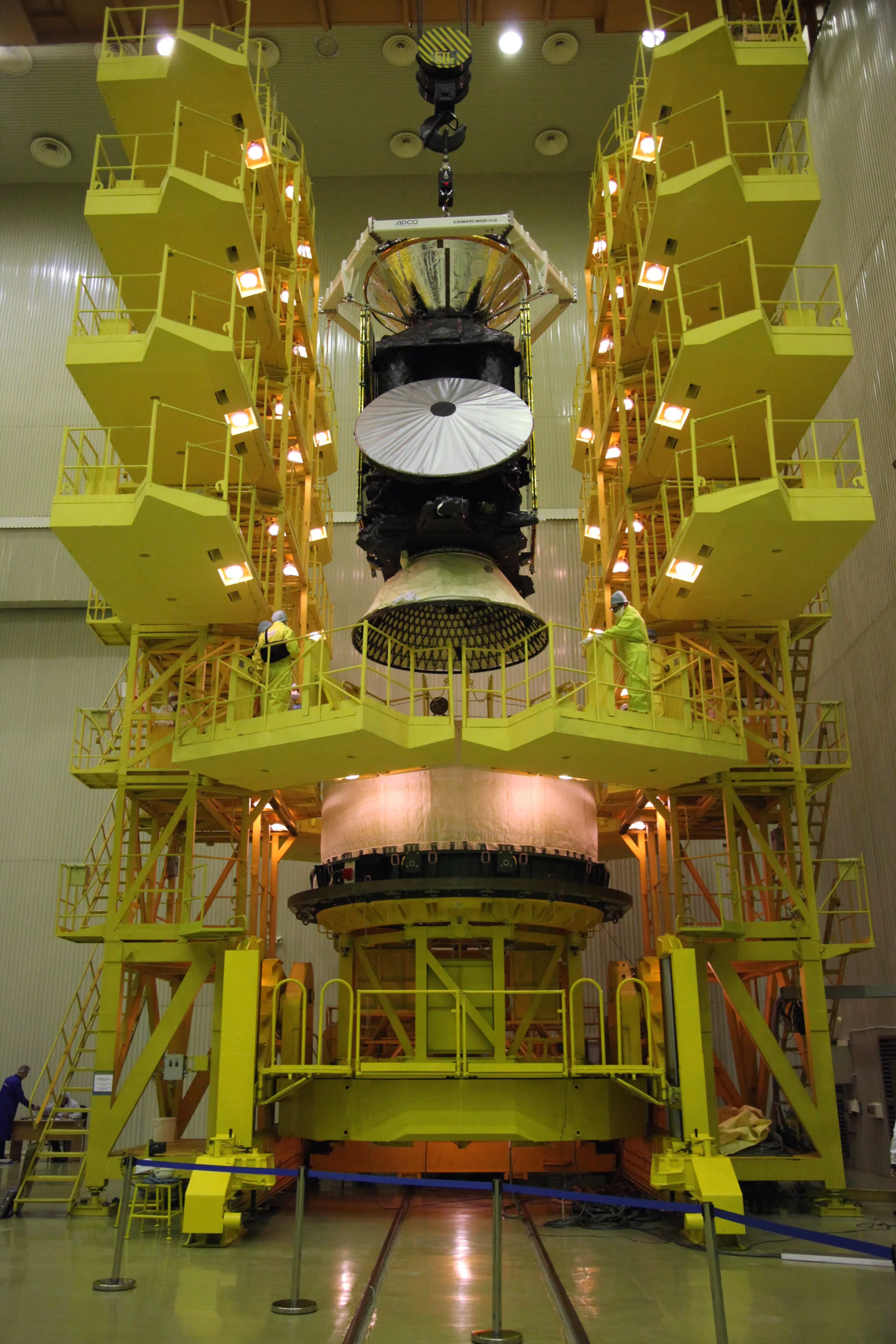 Lowering of the ExoMars 2016 spacecraft onto the launch adapter