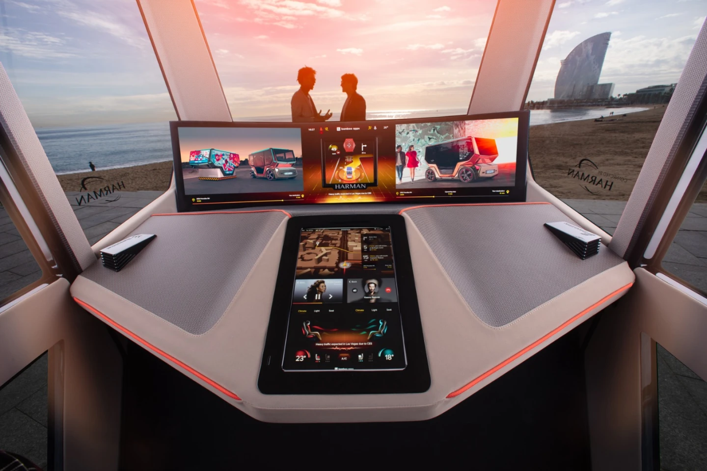 A curved 49-inch LED screen spans the entire width of the microSNAP's cabin