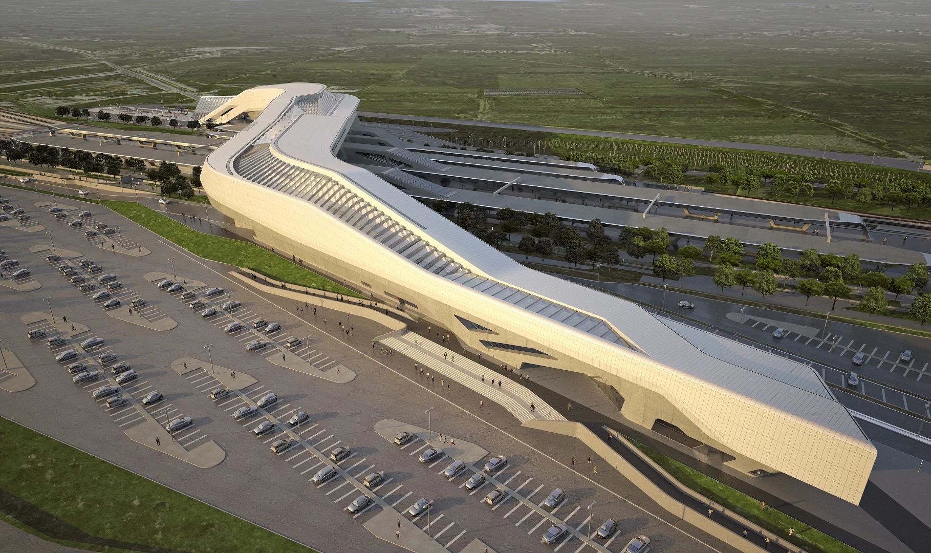 Exterior rendering depicting the completed Napoli Afragola train station