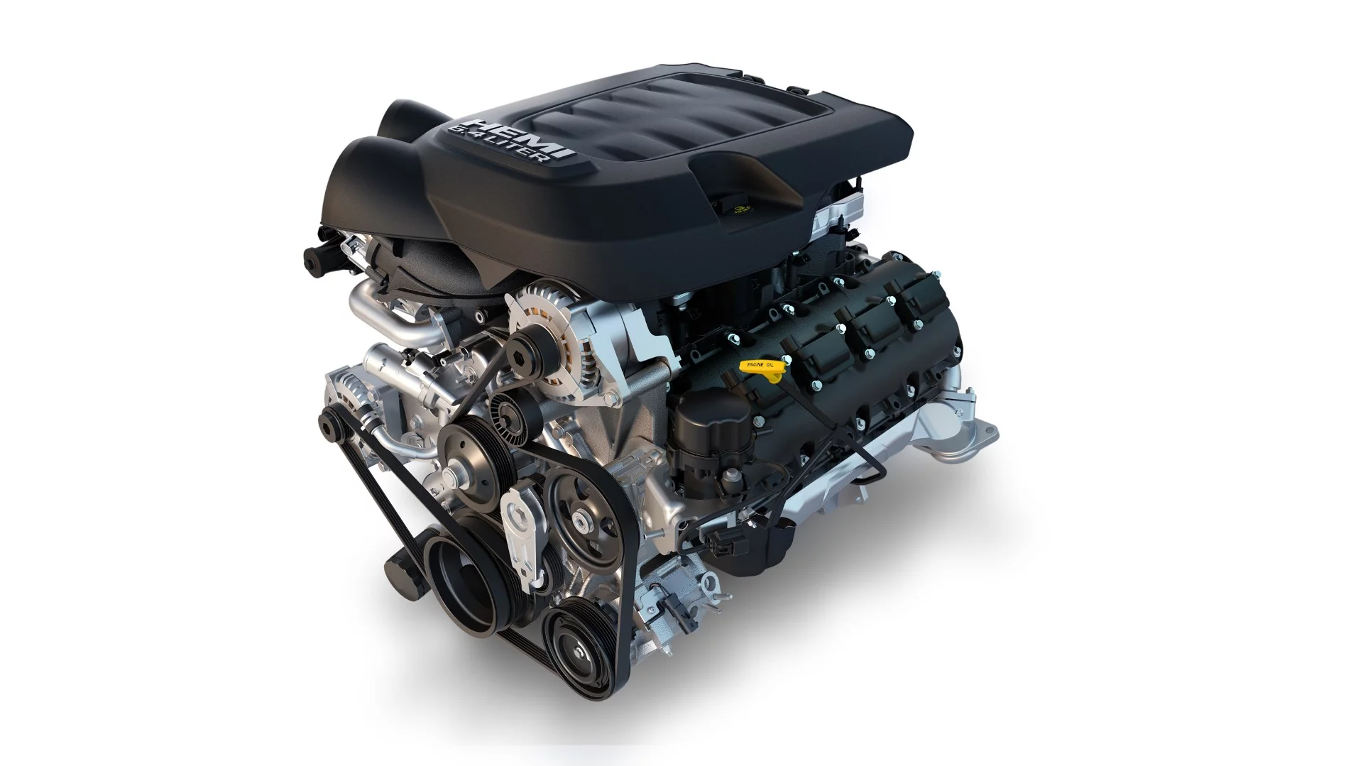 The base engine for the Ram heavy duty lineup is a 6.4-liter Hemi V8 gasoline rated for 410 horsepower and 429 pound-feet of torque in the 3500 model. The same engine is tuned to output 370 hp in 4500 and 5500 models