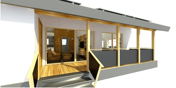 Sliding doors that open out onto the shaded balcony terrace with overhead veranda
