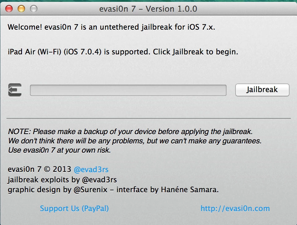 This is the screen that the evasi0n tool will welcome you with on your PC